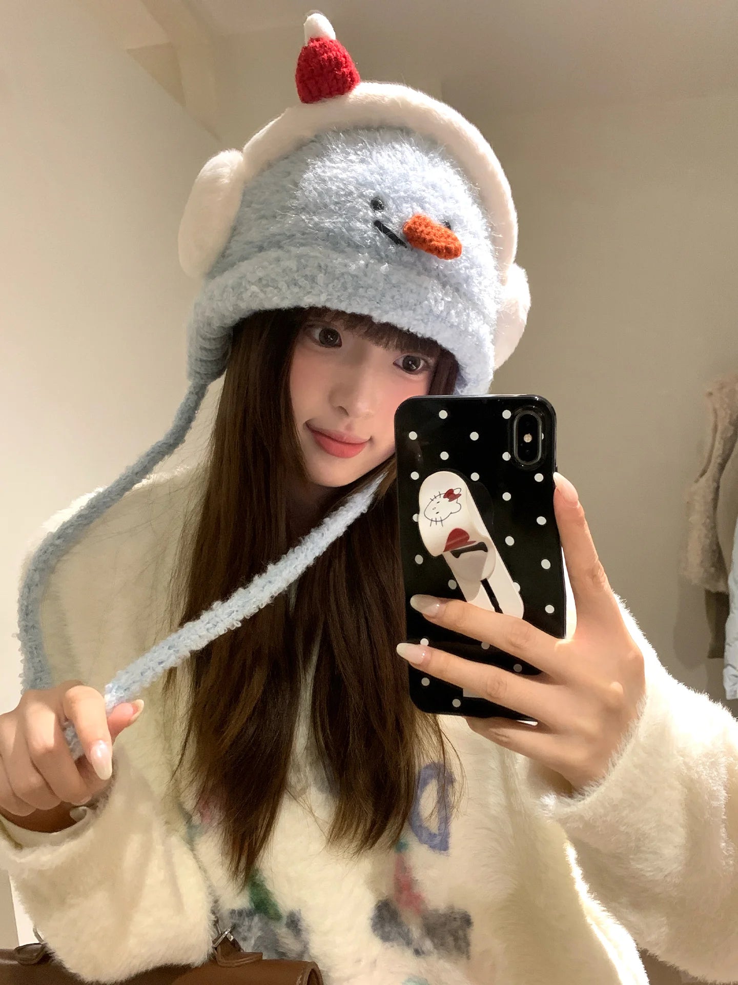 Cute Little Snowman Earmuffs Plush Hat Winter Thickening Warm Belt Adjustable Windproof Ear Protection Knitted Hat