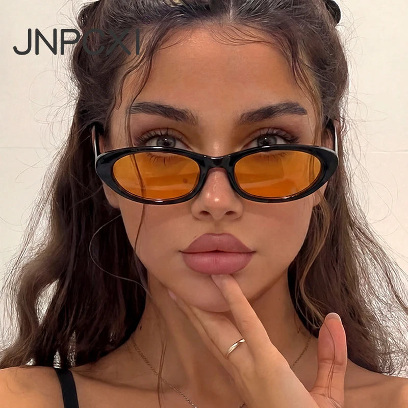 JNPCXI New Women's Black Sunglasses Fashion Small Oval Frame Sun Glasses Ladies Retro Oval Eyewear Shade UV400