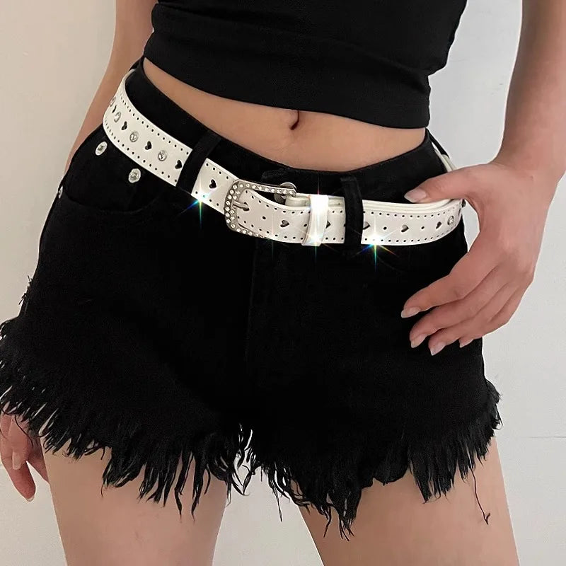 White Y2K Belt Female Rhinestone Pink Lovely New Millennium Spice Girl Belt Tie-In Korean Version Decoration Trend