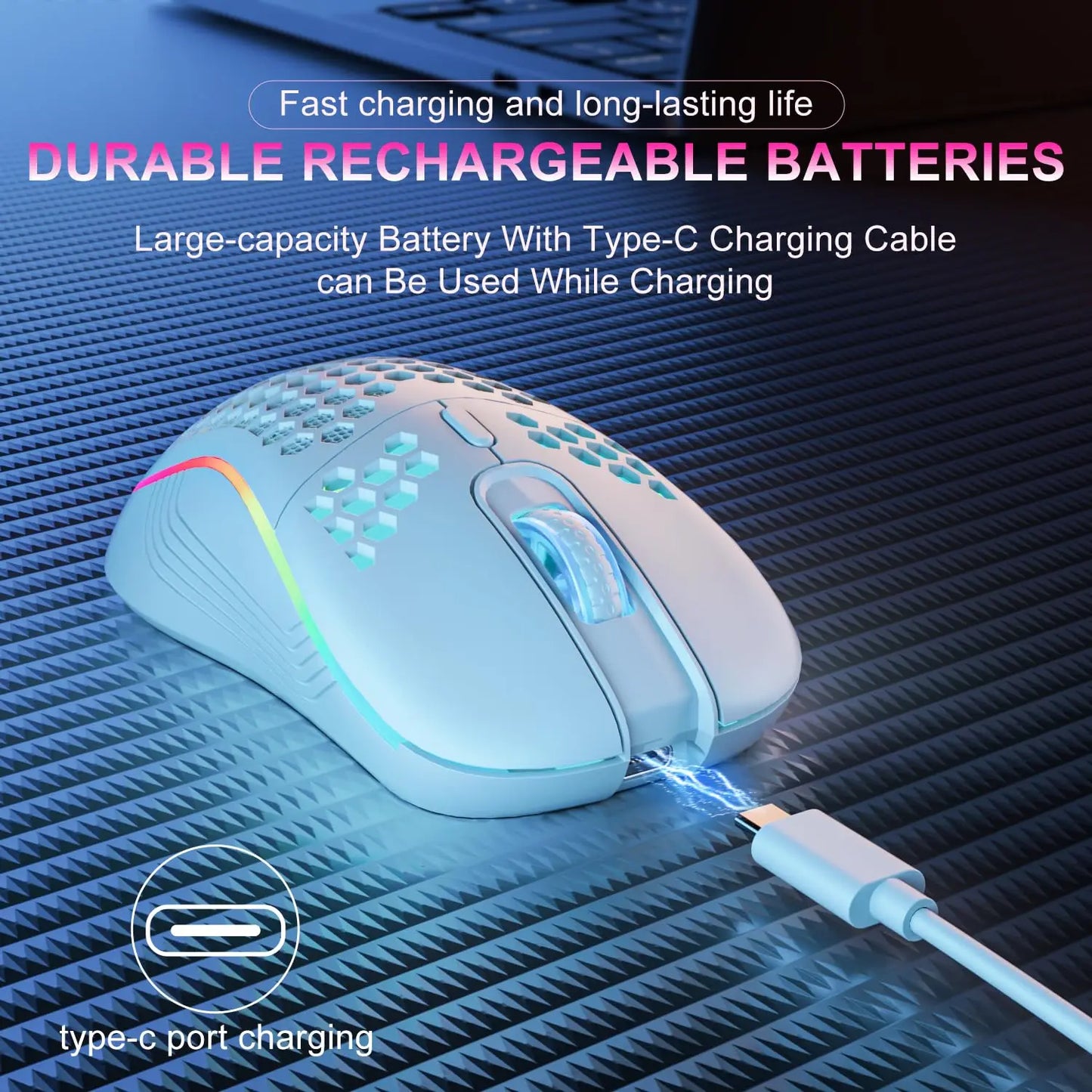 2.4G Wireless RGB Lighting Charging Mouse, Adjust DPI Ergonomic Honeycomb Design