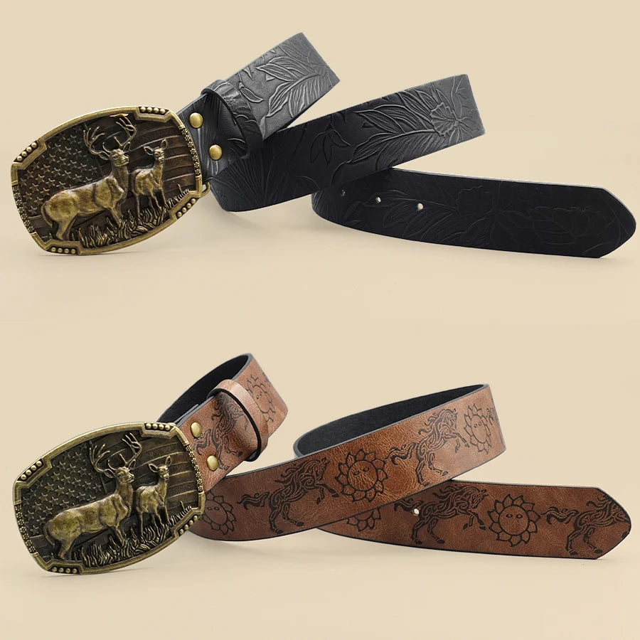 Western Cowboy Street Style Belt - Animal Motif Carved Vintage Print for Daily Wear, Commute & Casual Outfits