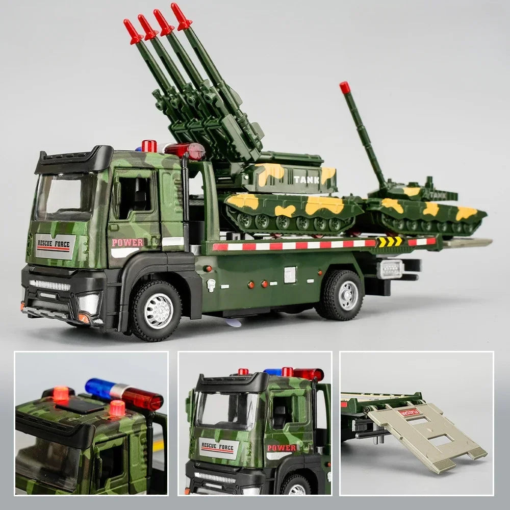 1:32 Military Tank Flatbed Trailer Model Toys Car Alloy Diecast Transport Vehicle Sound Light Pull Back Door Opened Toy Kid Gift