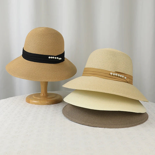 6178-New summer women's sun-protective hat - trendy pearl straw hat for beachandvacation-large-brimmed sun hatforoutdooractivies