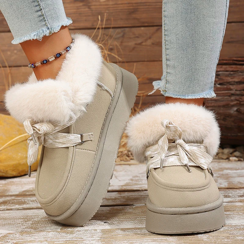 Faux Fur Thick Bottom Snow Boots Women Cross Lace Up Thicken Plush Warm Winter Boots Woman Slip On Platform Ankle Booties Mujer