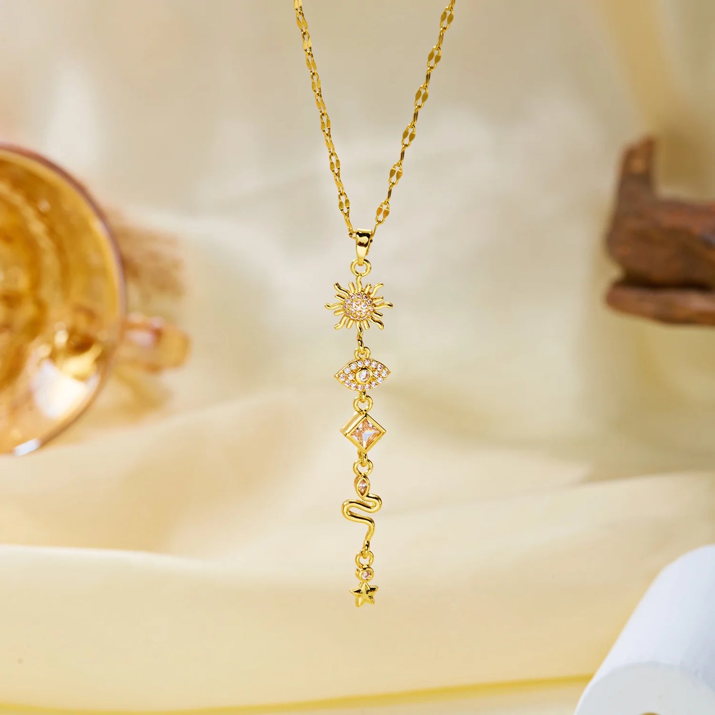 Celestial Mystical Gold Tone Necklace for Women Copper Stainless Steel Chain Sun Evil Eye Snake Tassel Boho Daily Jewelry Gift