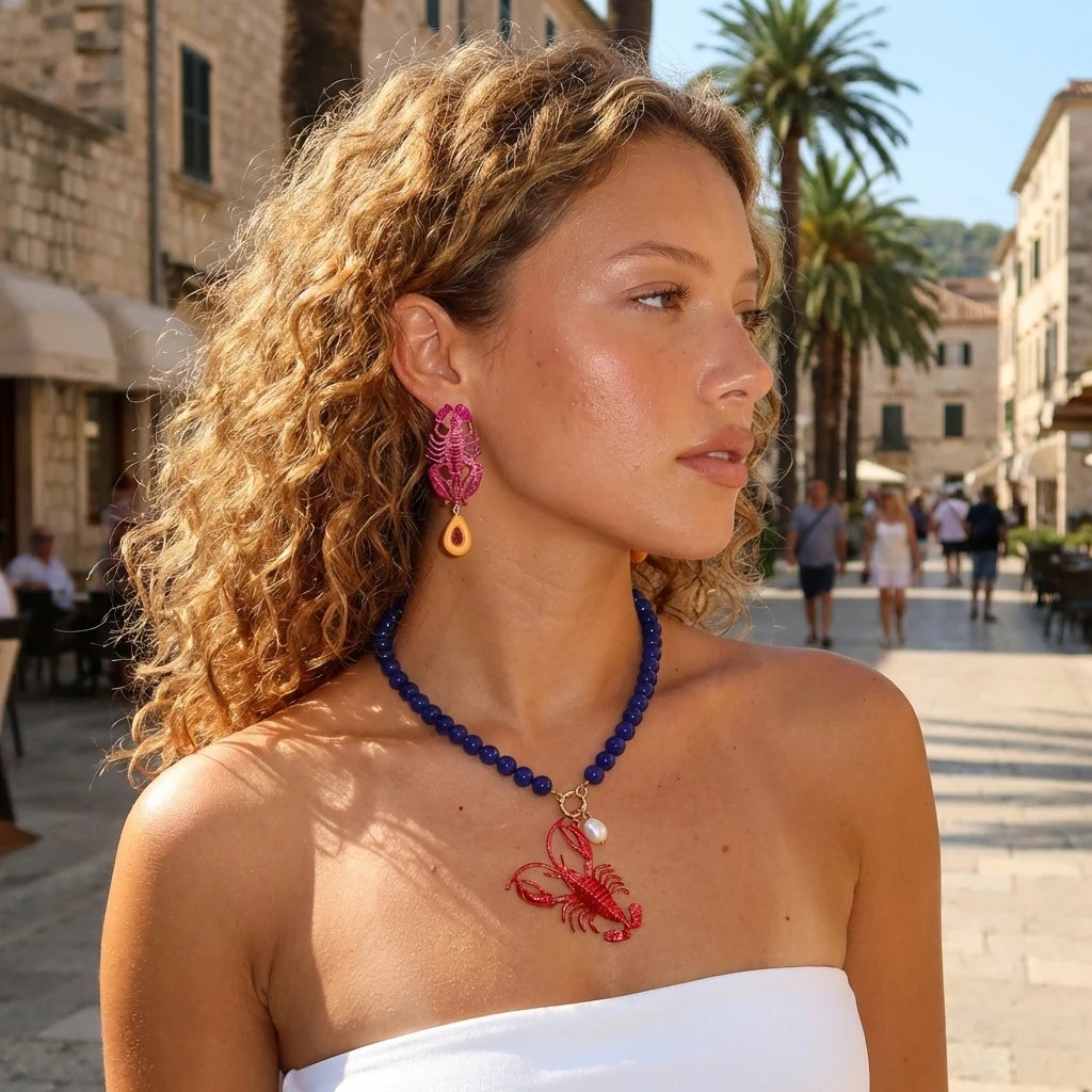 Funny Lobster Jewelry Set Beaded Necklace Dangle Earrings for Women Cute Ocean Animal Boho Beach Vacation Accessories