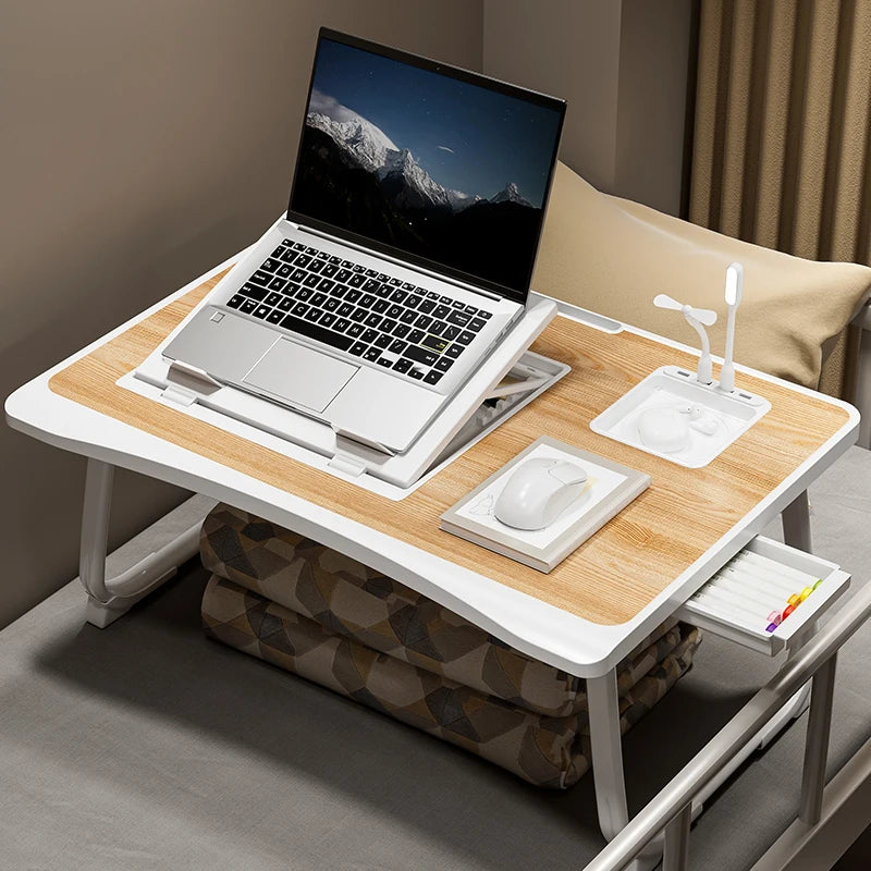 Portable Adjustable Height Foldable Bed Desk w/ Wooden Surface - Storage Slots