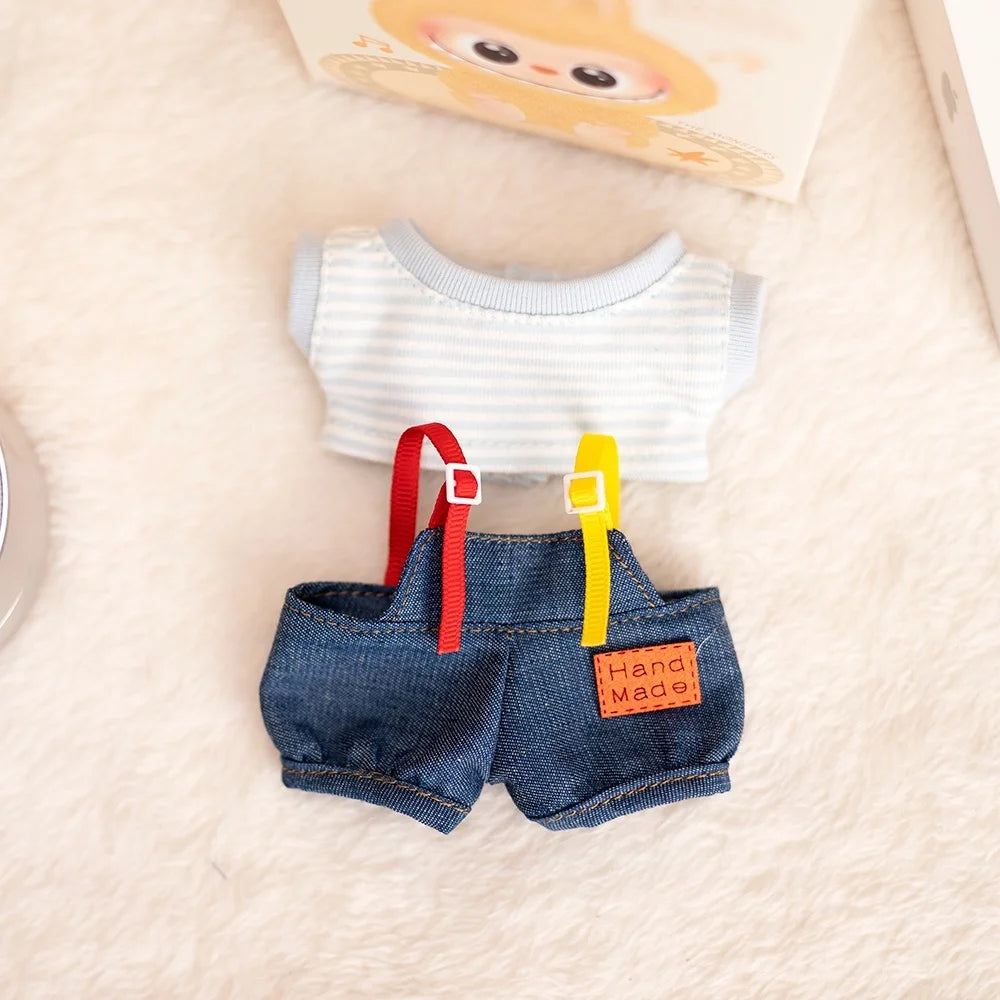 17 Cm Labubu Plush Toy Doll T-shirt with Denim Overalls Labubu Plush Toy Doll Pendant Clothes High quality