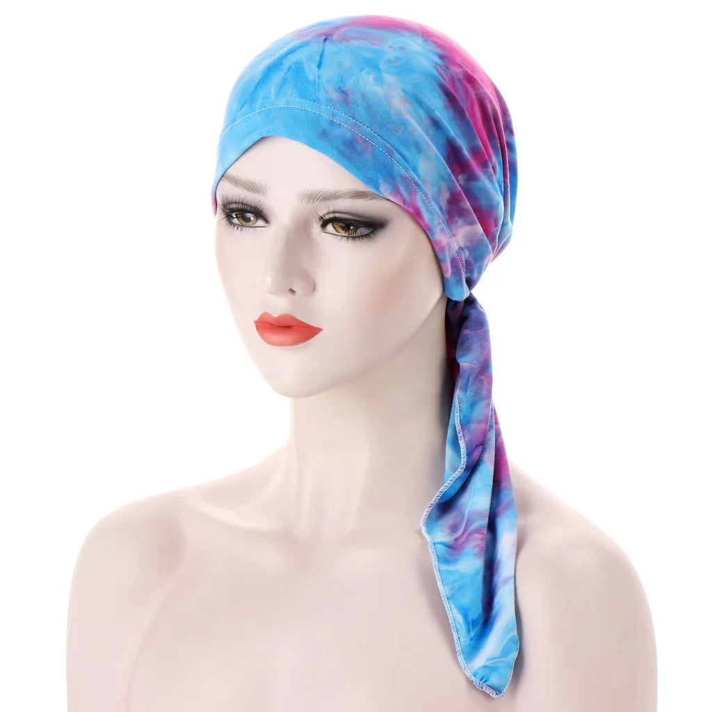 Trendy Print Women Muslim Hijab Caps Wrap Head Soft Elastic Long Tail Turban Bonnet Fashion Headdress Wearable
