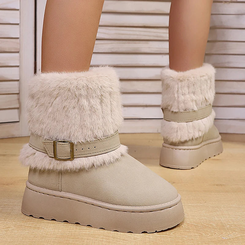 Fluffy Fur Non Slip Snow Boots Women Fashion Buckle Thick Bottom Warm Ankle Boots Woman Faux Fur Platform Winter Booties 36-43