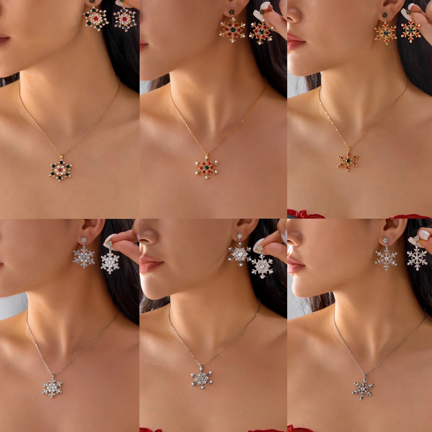 Christmas Colorful Rhinestone Imitation Pearl Snowflake Necklace Earrings Set For Women 2026 Xmas Jewelry Set Holiday Party Gift