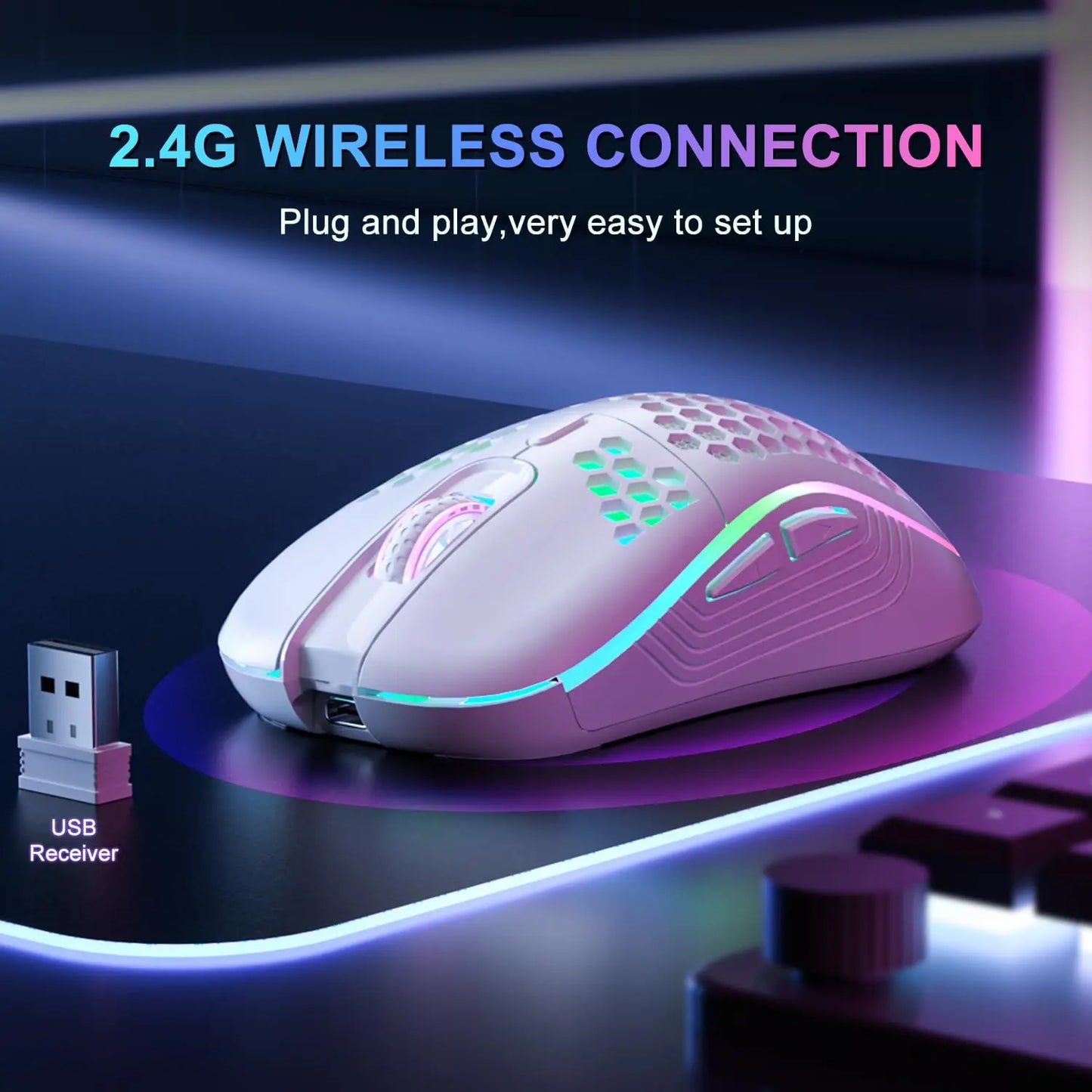 2.4G Wireless RGB Lighting Charging Mouse, Adjust DPI Ergonomic Honeycomb Design