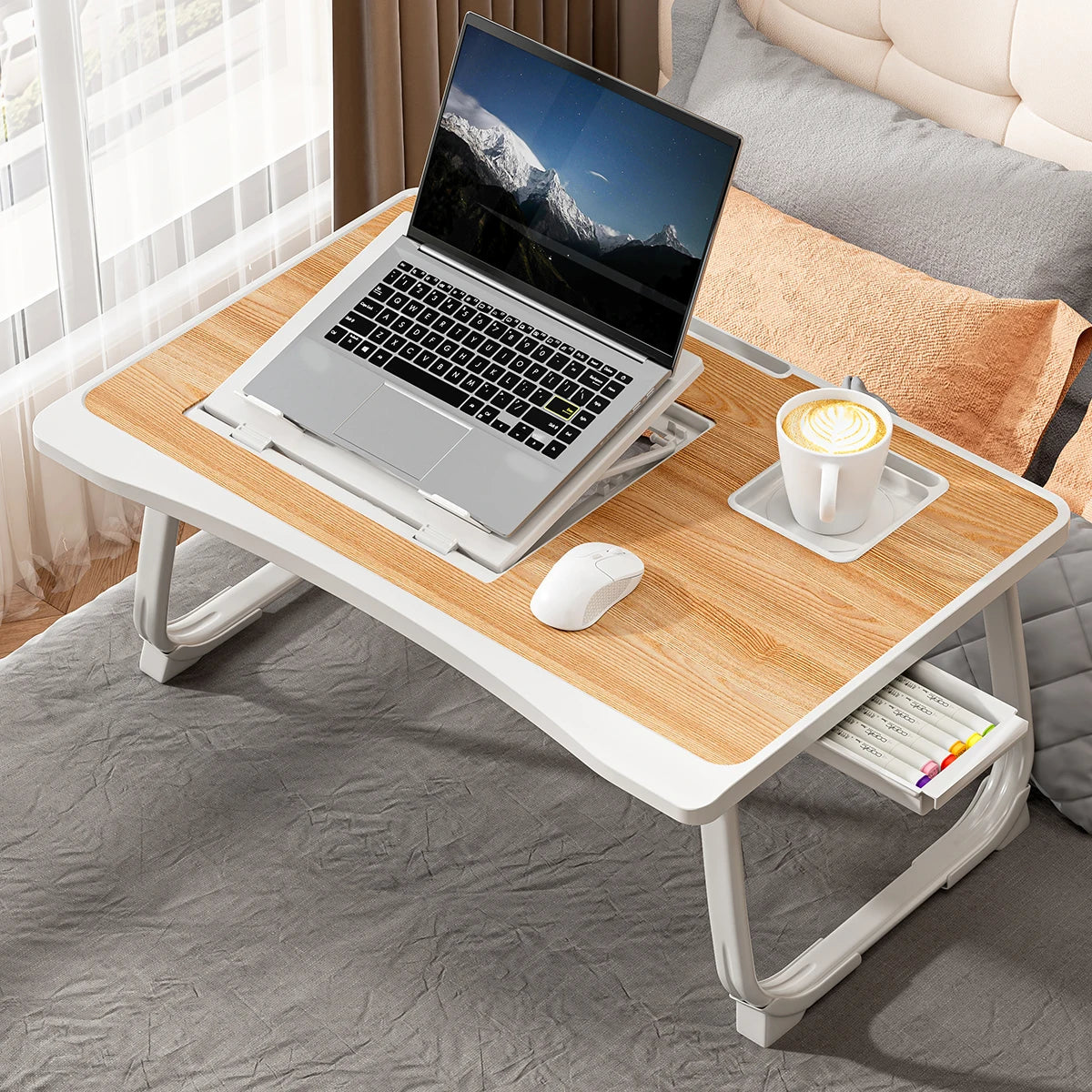 Foldable Laptop Bed Desk, Portable Adjustable Height, Bed Desk w/ Wooden Surface