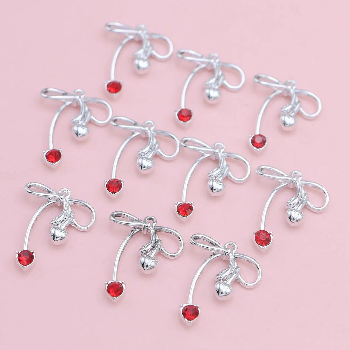 10Pcs Golden/Silvery Color Red Crystal Bow Charms Pendant for Jewelry Making Necklace Earrings Accessories DIY Bracelet