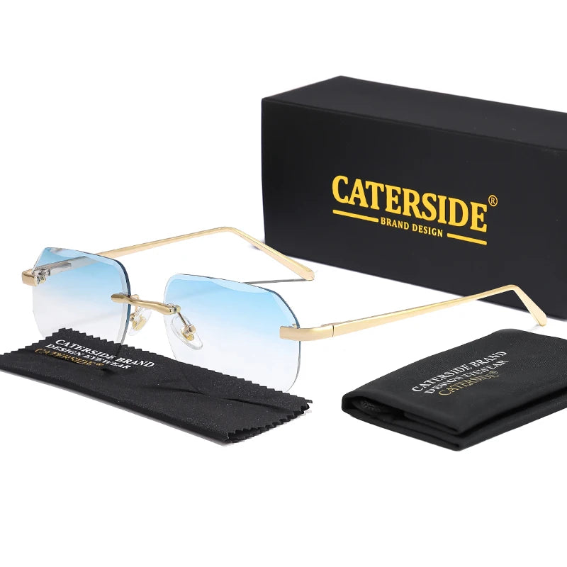 CATERSIDE Vintage Frameless Men's Sunglasses with Design Sense Lenses Metal Temple Sunglasses Women's Party Travel Sunglasses
