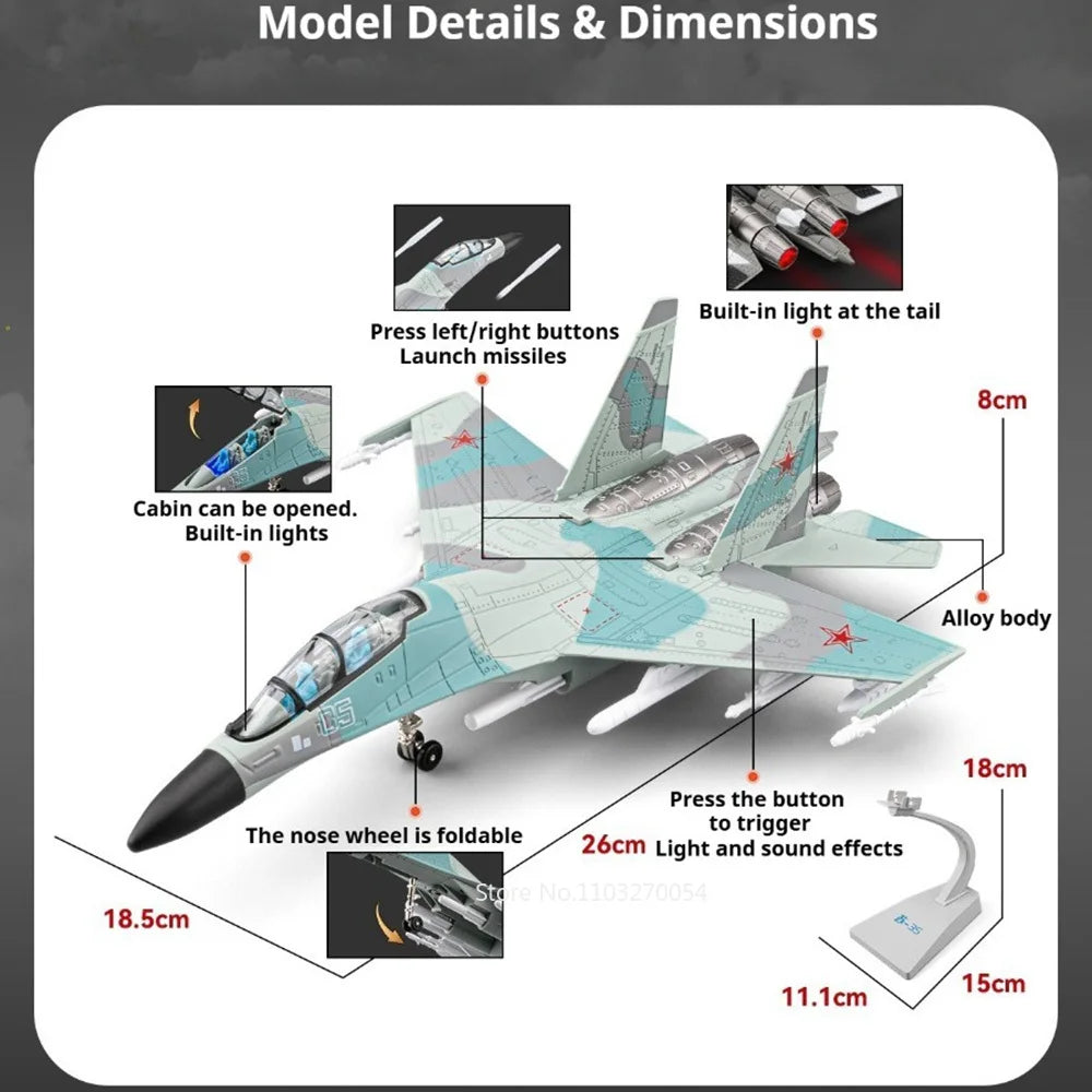 1:64 Su-35 Alloy Fighter Model Diecast Toys Car with Sound Light Pull Back Catapult Missile Airplane Fun Gifts for Boys Ornament