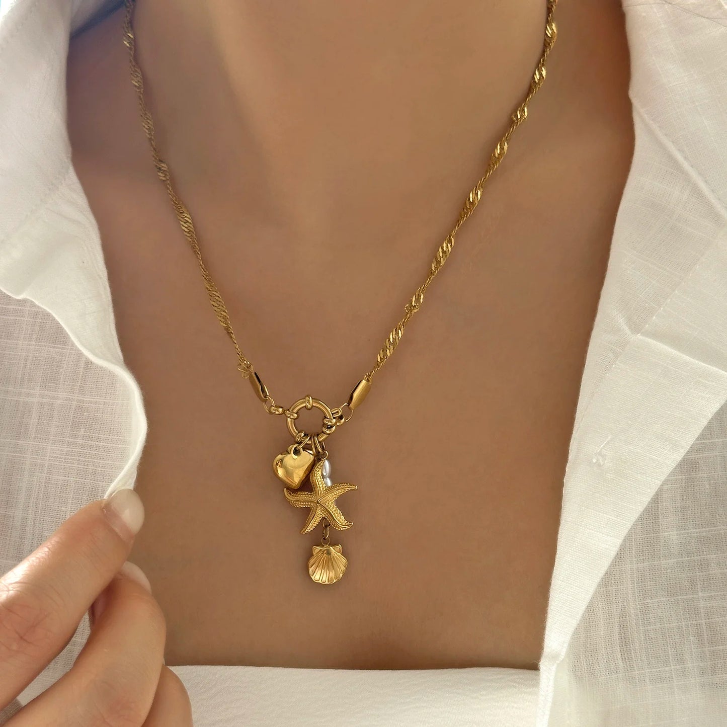 Charming Ceramic Fish Sea Turtle Sun Starfish Pendant Necklace for Women Stainless Steel Gold Color Necklace Beach Party Jewelry