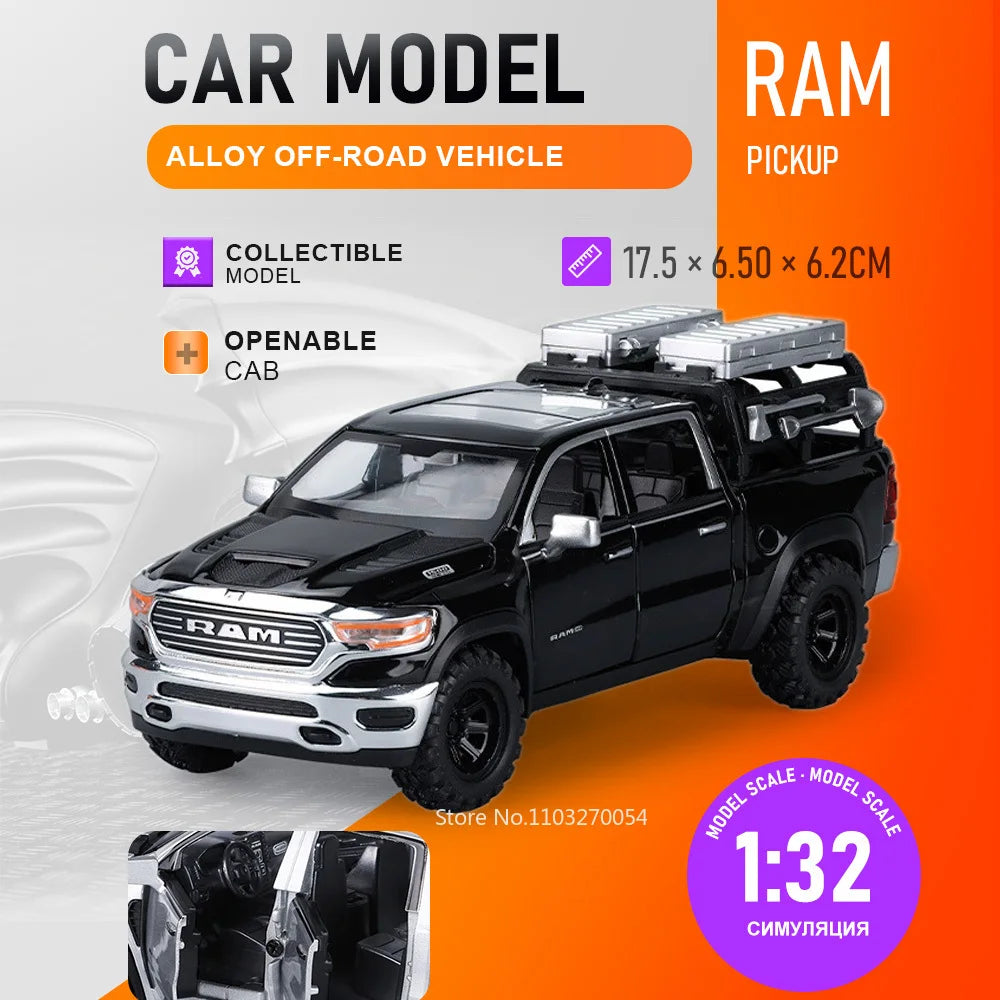 1:32 RAM Pickup Mammoth Off Road Vehicle Diecast Model Toy Alloy Car Sound Light Pull Back Doors Opened Models for Children Gift