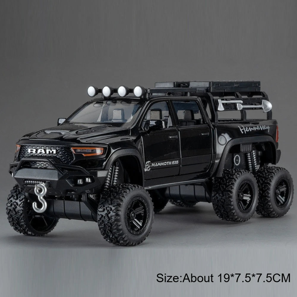 1:32 RAM Pickup Mammoth Off Road Vehicle Diecast Model Toy Alloy Car Sound Light Pull Back Doors Opened Models for Children Gift