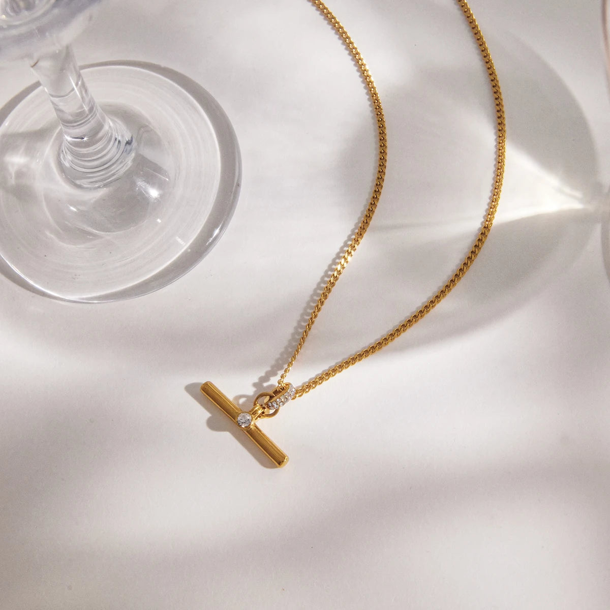 Uworld Delicate Gold Color White Rhinestone T-Bar Pendant Necklace Layered Jewelry For Women 18K PVD Plated Stainless Steel Gift