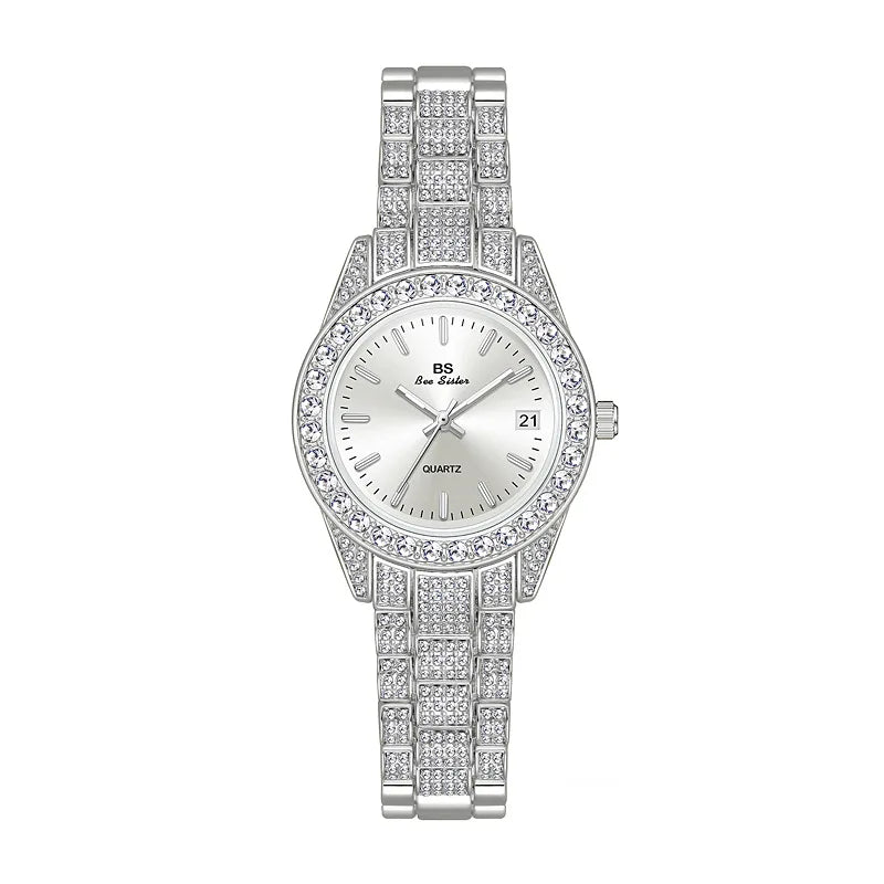 New Fashion Casual Ladies Wristwatch Luxury Crystal Quartz Watches Gold Silver Stainless Steel Band Calendar Watch For Womens