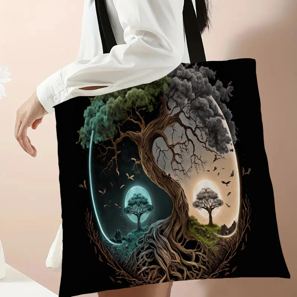 High-Definition Digital Tree Life Pattern Tote Bag, Mythology Reusable Shop Bag