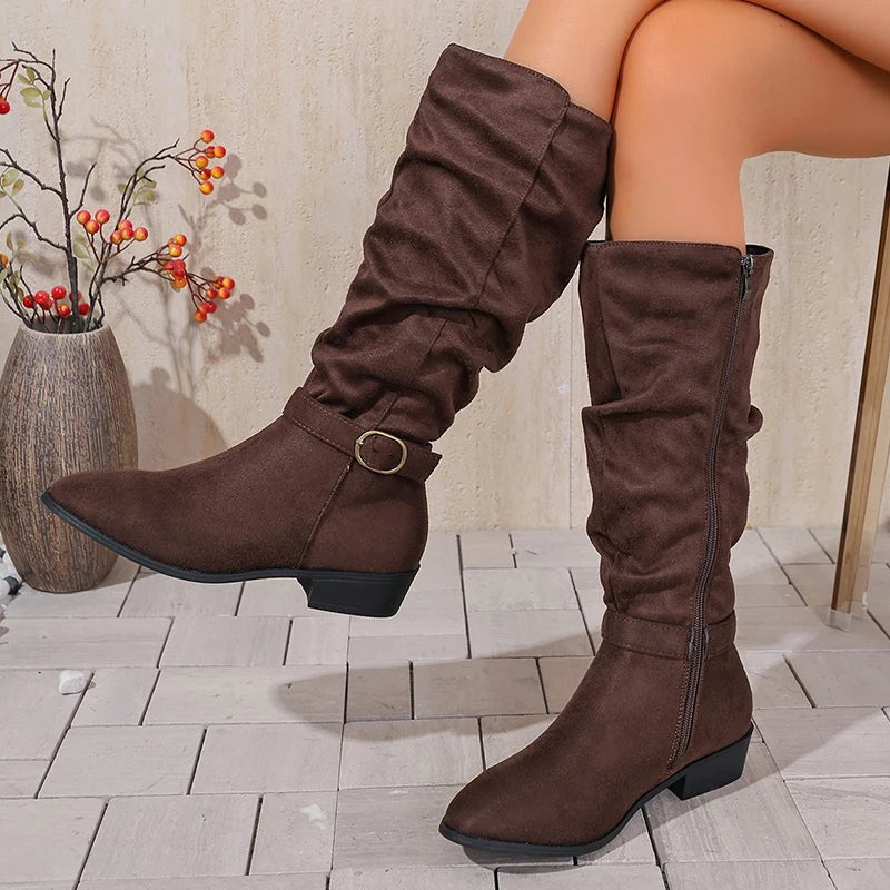 Pleated Design Block Heel Knee High Boots Women Plus Size 36-42 Zipper Long Boots Woman 2025 Fashion Buckle Flock Botas Mujer