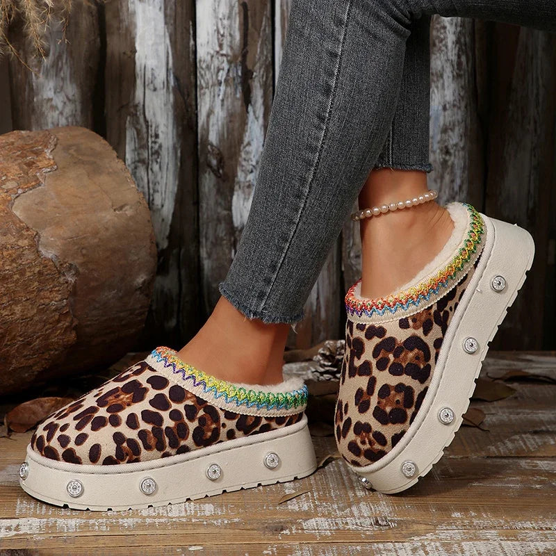Vintage Leopard Print Women's Platform Snow Boots Anti Slip Warm Plush Ankle Boots Women Thick Sole Cotton Padded Shoes Woman