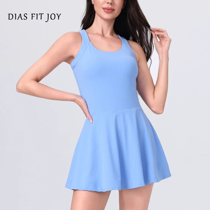 DIAS FIT JOY Anti peek tennis skirt cycling one-piece fitness yoga skirt hollowed out beautiful back