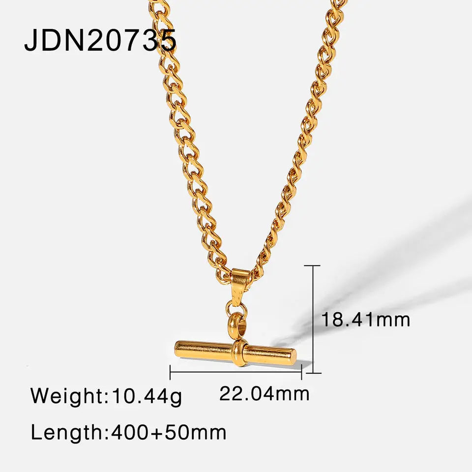Uworld New 18K Gold Color Plating Figaro Cuban Chain T-bar Pendant Necklace Stainless Steel T-bar Pendant Necklace For Women