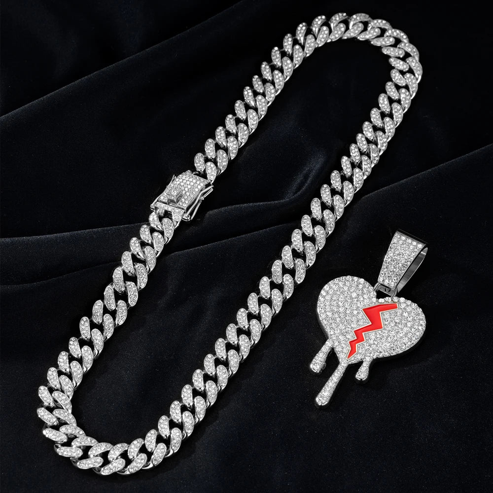 Hip Hop Iced Out Broken Heart Pendants Necklace with Miami Cuban Link Chain Heartbreak Necklaces Men Women Rapper Charm Jewelry