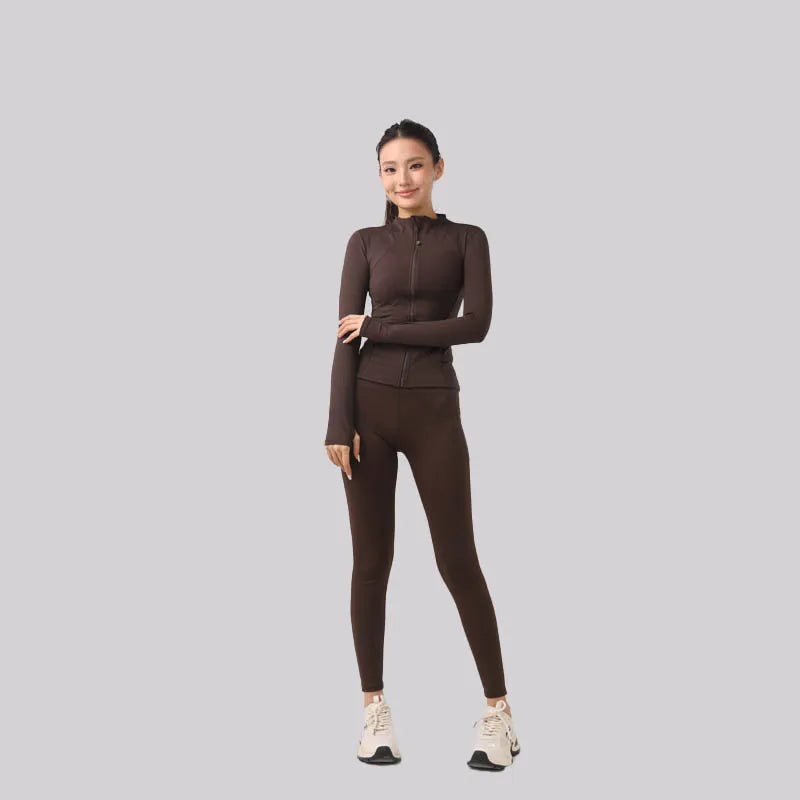 New Yoga Set: Stand Collar Zipper Slim-Fit Layering Sports Two-Piece with Thumb Holes