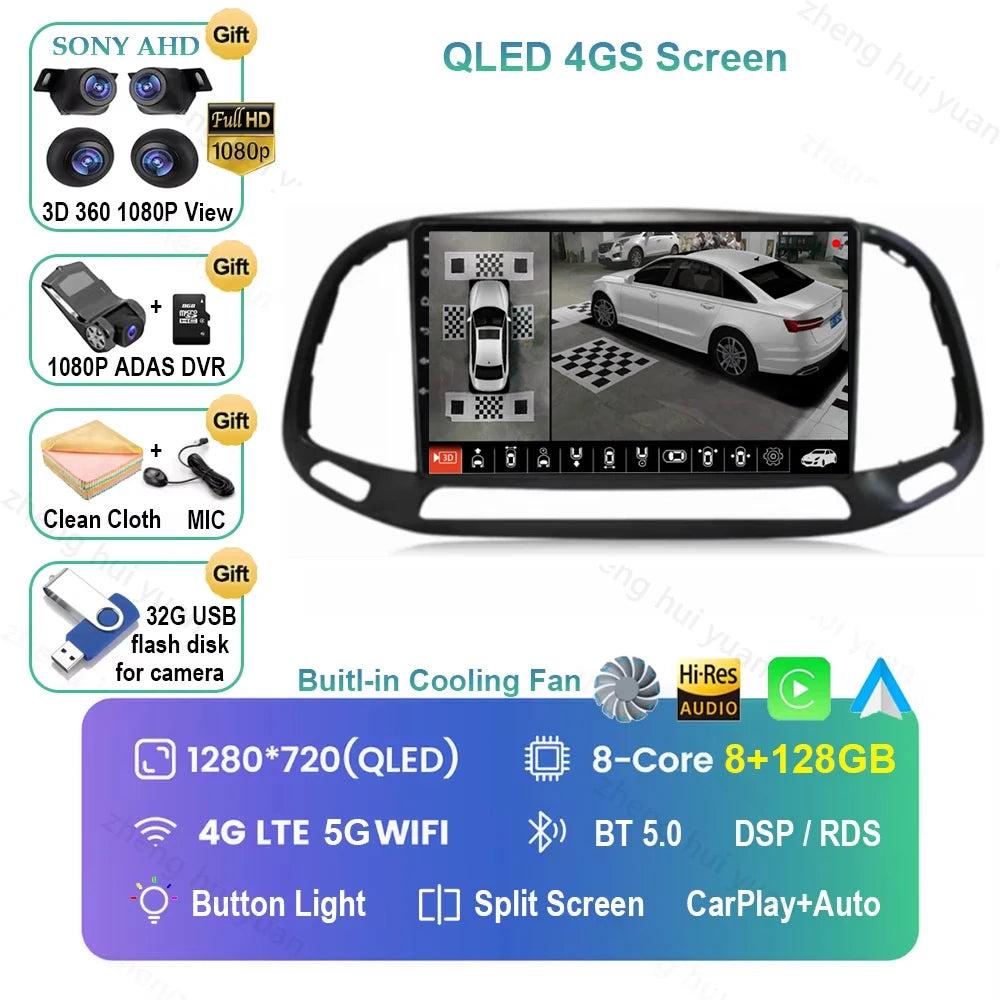 For Fiat Doblo 2015 - 2018 2019 2020 Android 16 GPS WIFI 4G Carplay&Auto Car Radio Navigation QLED Multimedia Stereo Player BT