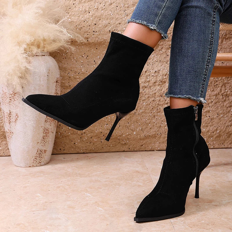 Faux Suede Stiletto Heel Ankle Boots Women Fashion Pointed Toe High Heeled Boots Woman Plus Size 42 Zippers Short Booties Mujer