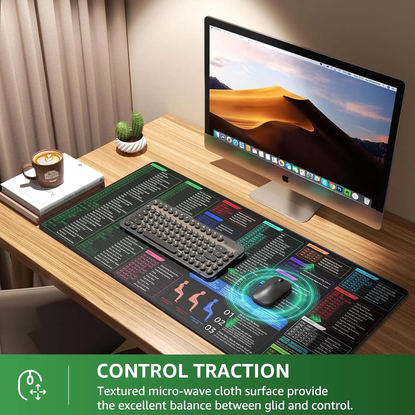 Excel Shortcuts Mousepad, Extended Mouse pad with Stitched Edges, Non-Slip Base,Keyboard Pad for Office & Home, Excel Shortcuts
