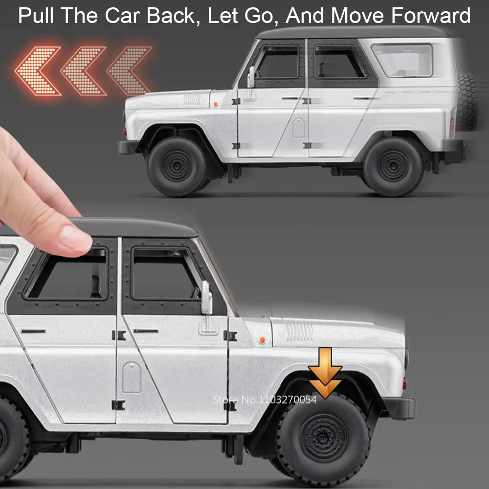 1:18 Russia UAZ Hunter Travelers Alloy Diecast Model Toys Car with Sound Light Pull Back Doors Opened Vehices Boy Christmas Gift