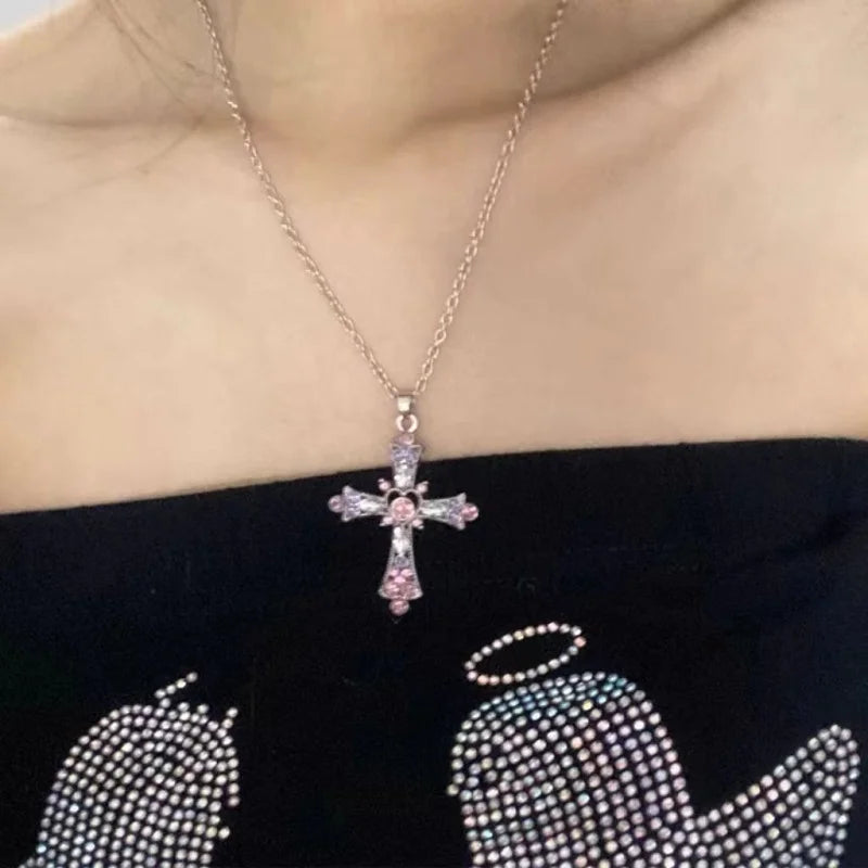 Gothic Y2K Crystal Zircon Cross Pendant Necklace for Women European and American Fashion Neck Chain Party Jewelry Birthday Gift