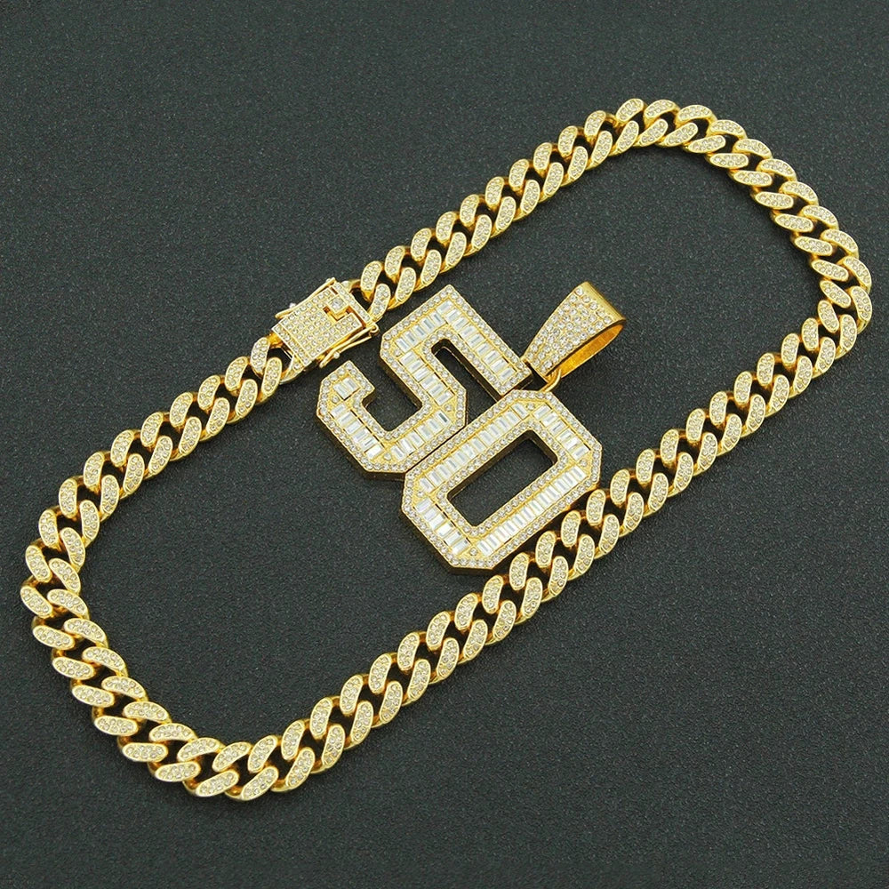 Men Women Hip Hop Number 50 Pendant Necklaces With 13mm Full Crystal Shiny Miami Cuban Chain Choker Fashion Charm Rapper Jewelry
