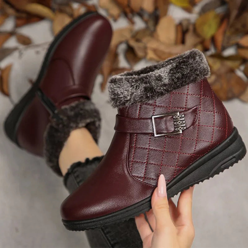 Retro Faux Pu Leather Snow Boots Women Winter 2025 Zipper Up Wedges Snow Boots Woman Anti Slip Furry Warm Booties Female