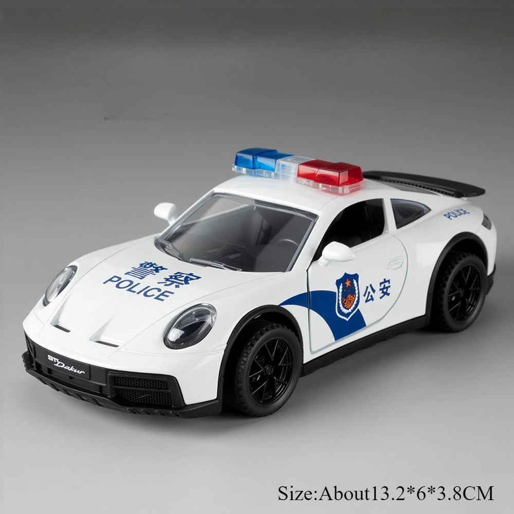 1:32 Charger 911 DaKar Alloy Police Car Model Miniature Toy Rear Wheel Return Force Light Music Door Opened Vehice Boy Xmas Gift