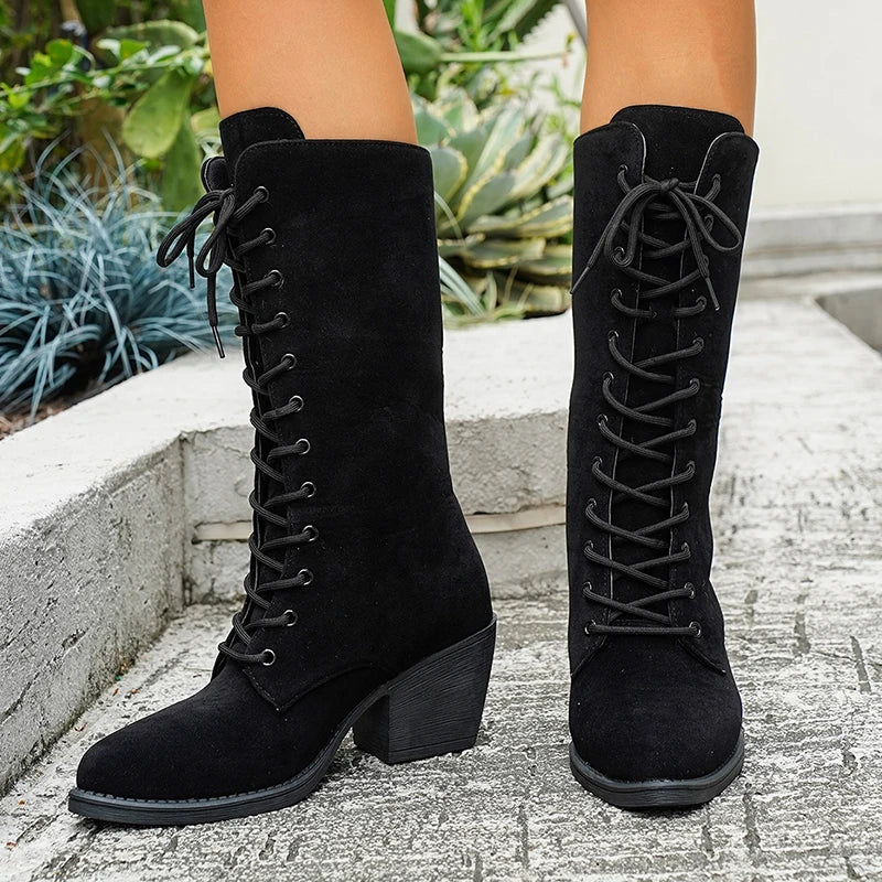 Cross Lace Up High Heel Mid Calf Boots Women Vintage Pointed Toe Flock Long Botas Mujer Plus Size 43 Thick Heels Western Boots