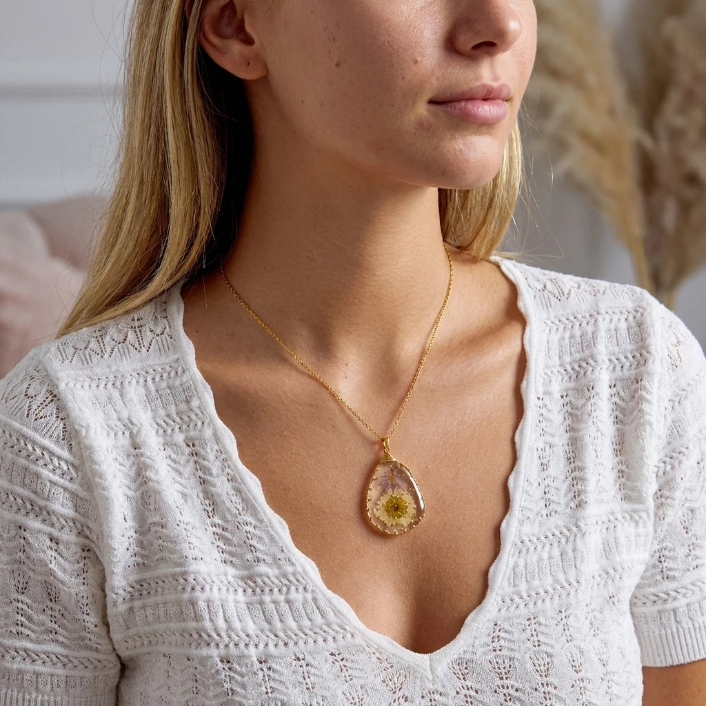 Artistic Abstract Gold Tone Necklace for Women Stainless Steel Resin Flower Irregular Pendant Unique Line Art Jewelry Gift