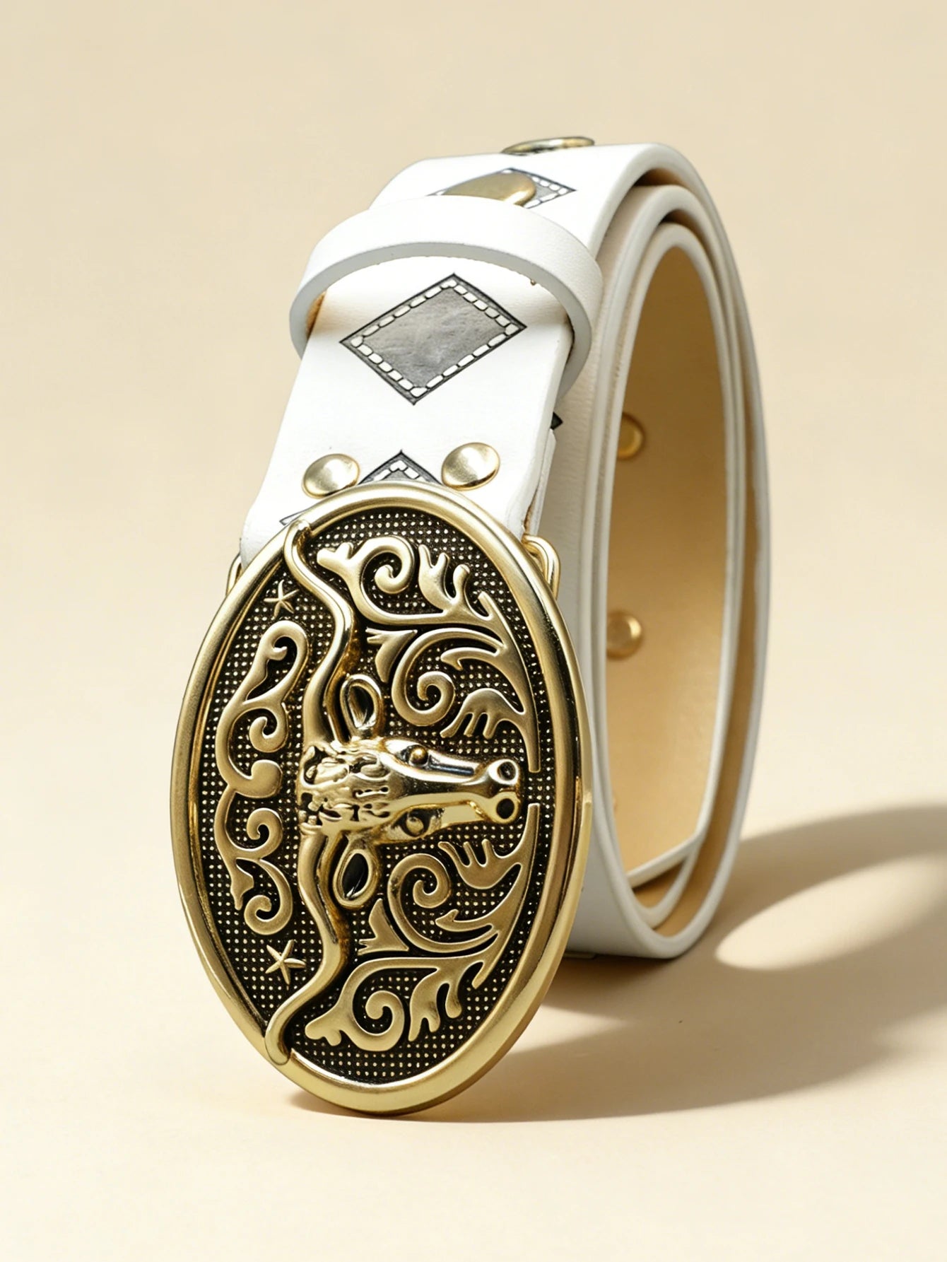 Western Style Bull Head Rivet Belt, White Vintage Engraved Metal Buckle Unisex Waistband