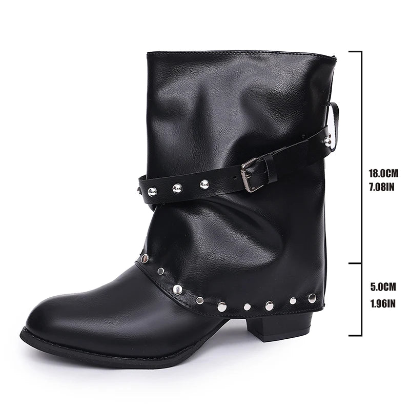 Punk Wide Leg High Heel Ankle Boots Women Plus Size 42 Pointed Toe Slouchy Boots Woman Slip On Thick Heeled Motorcycle Botas
