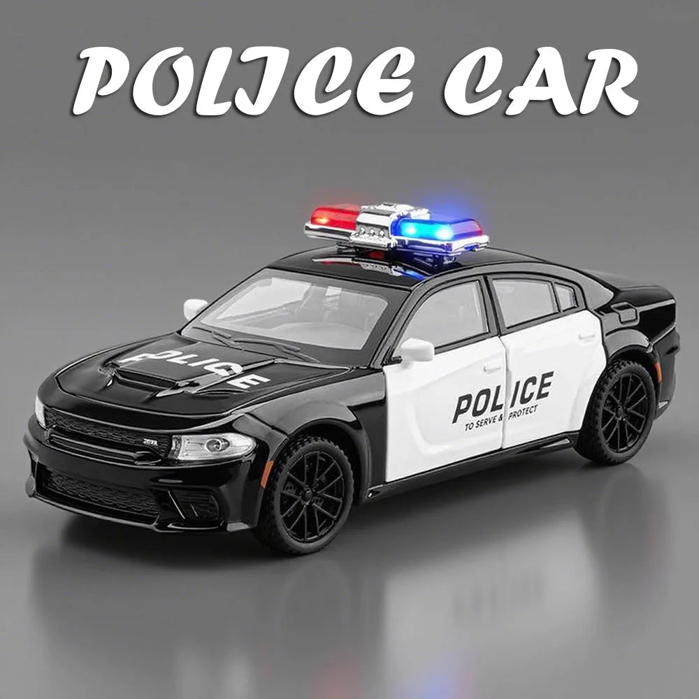 1:32 Charger 911 DaKar Alloy Police Car Model Miniature Toy Rear Wheel Return Force Light Music Door Opened Vehice Boy Xmas Gift