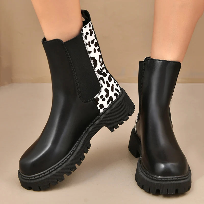Fashion Leopard Print Platform Chelsea Boots Women Slip On Plus Size Thick Sole Ankle Boots Woman Pu Leather Short Booties Mujer