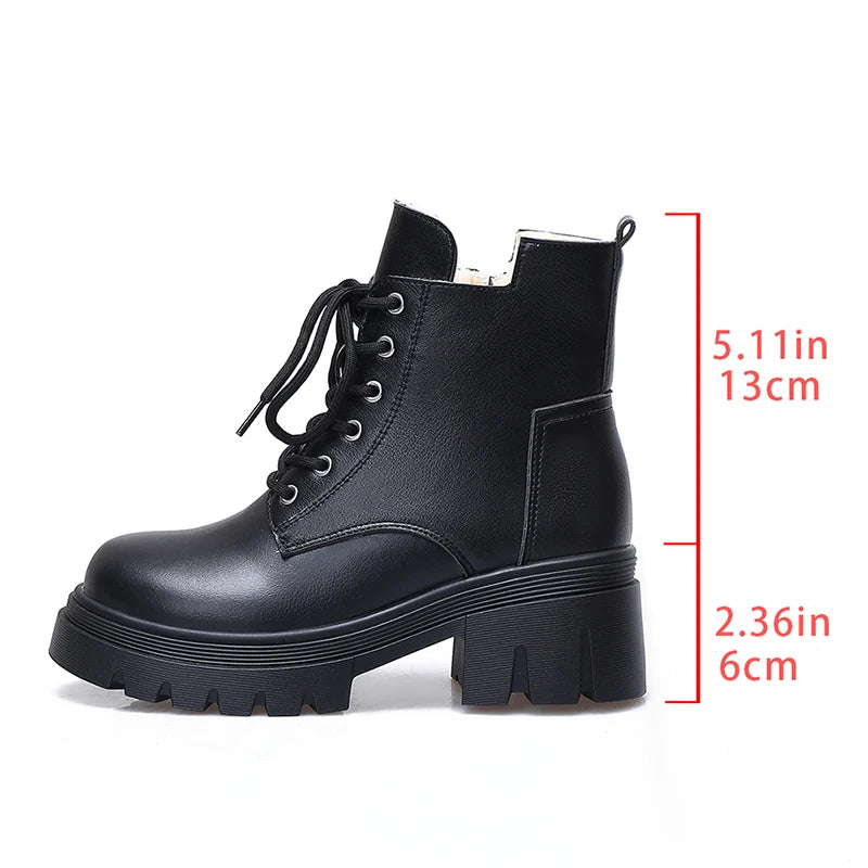 Classic Chunky Platform Ankle Boots Women Lace Up Warm Thicken Plush Winter Boots Woman Thick Sole Pu Leather Motorcycle Botas