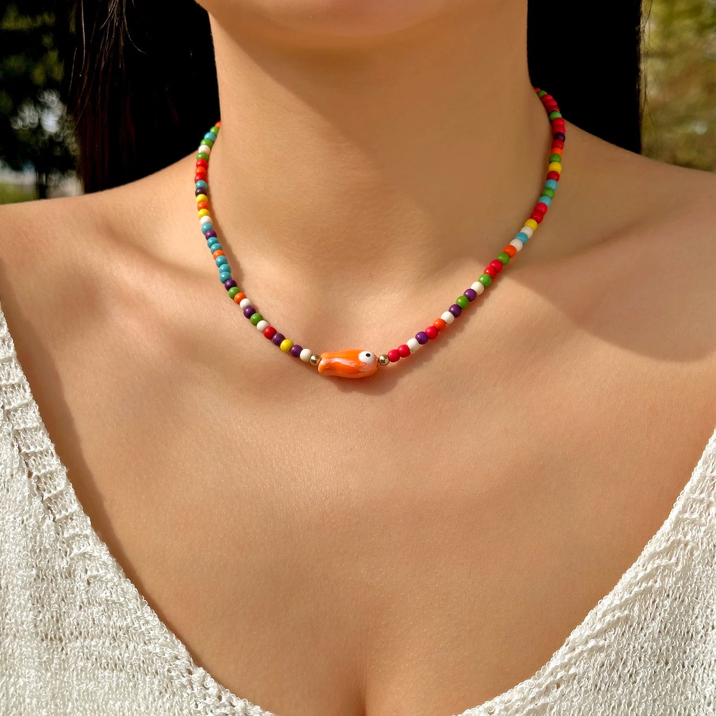 Boho Colorful Acrylic Beaded Choker Necklace for Women Girls Y2K Sweet Cute Ceramic Fish Pendant Necklace Summer Beach Jewelry