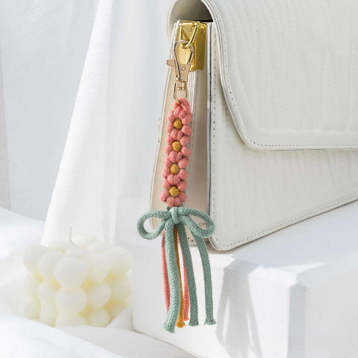 1pc Handmade Yarn Keychain with Tassels - Floral Design, Lobster Clasp, Vibrant Colors, Perfect for Bags Keys and Unique Gifts