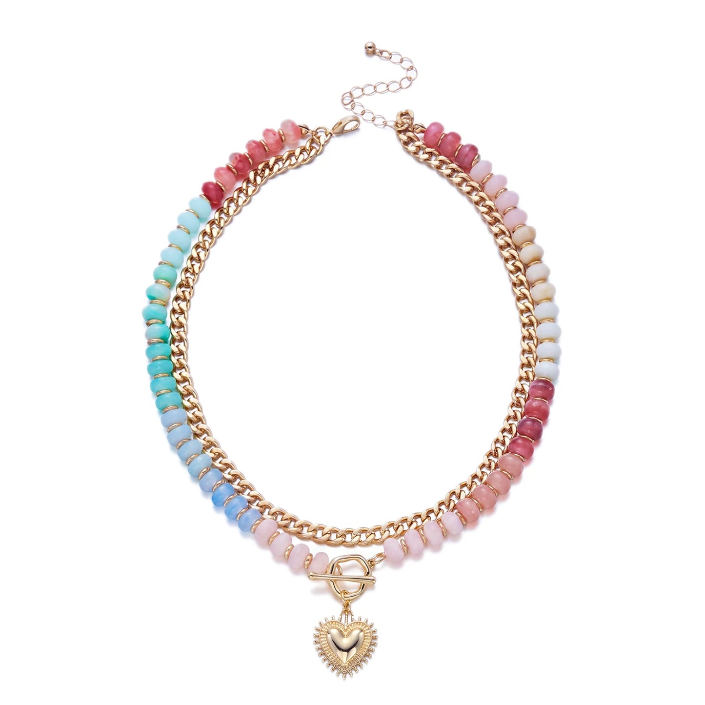 Y2K Dopamine Colorful Beaded Heart Necklace for Women Half Chain Half Bead Chunky Choker Pendant Necklace Statement Jewelry